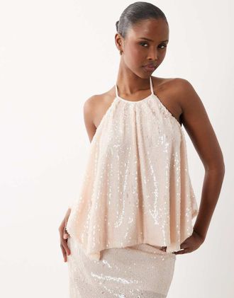 South Beach Top allacciato al collo con paillettes color champagne-Bianco