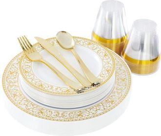 Elama 150 Piece Disposable Plastic Dinnerware Party Set for 25 Guests in Gold at Nordstrom