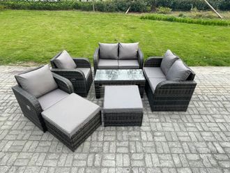 Fimous 8 Seater Rattan Wicker Garden Furniture Patio Conservatory Sofa Set with Rectangular Coffee Table Reclining Chair Love Sofa 2 Big Footstool