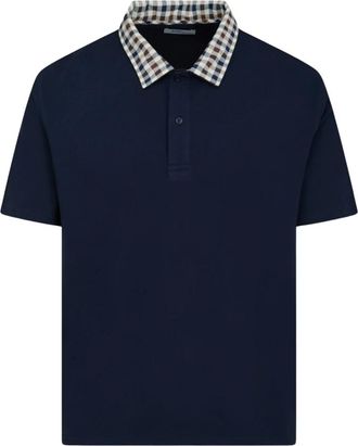 Aquascutum Club Check Collar Polo - Heren - Polos - Blauw - XL - Katoen - Tops