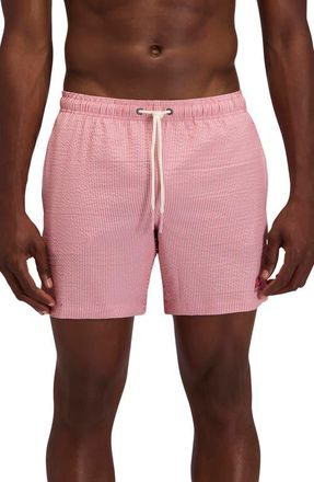 Sundek Stripe Seersucker Swim Trunks in Rose Petal at Nordstrom, Size X-Large