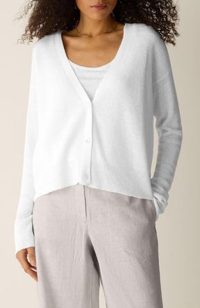Eileen Fisher V-Neck Organic Linen & Organic Cotton Cardigan in White at Nordstrom, Size Xx-Small