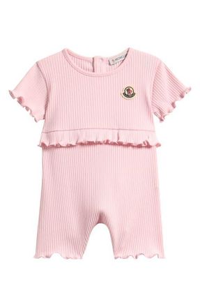 Moncler Ruffle Trim Rib Cotton Romper in Light Pink at Nordstrom, Size 12-18M