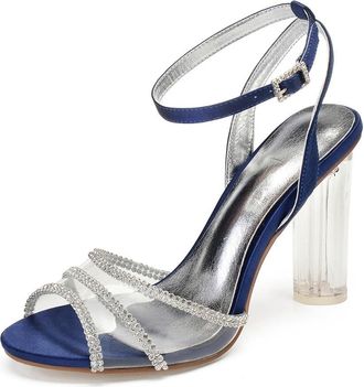 Generic Wedding Bridal Heels Womens Heels Ankle Strap Chunky Heel Dress Sandals Open Toe Bridal Satin Prom Party Dress Pumps 10.5Cm,Dark Blue,9 UK