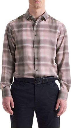 Bugatchi Julian Shaped Fit Abstract Check Lyocell Button-Up Shirt in Wood Rose at Nordstrom, Size Xx-Large