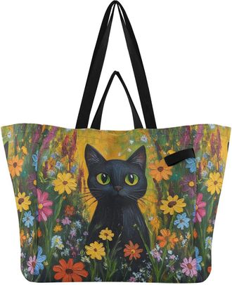 Generic Cat Yellow Flower print Reusable Canvas Tote Bag, Heavy Duty Grocery Shopping Bag with Large Capacity Double Handles Hard Bottom Work Groceries Travel