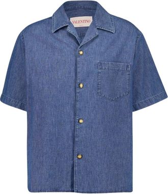 Valentino Garavani Blauwe Denim Bowling Shirt - Heren - Korte mouwen Overhemden - Blauw - M - Denim - Overhemden