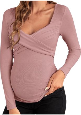 Generic Womens Maternity Shirts Solid Color Ribbed Long Sleeve Pregnancy Tops V Neck Classic Fashion Lightweight Pregnant Clothes Casual Trendy Elegant Loose 