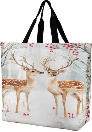 Generic Two Deer Snowy Day Reusable Shopping Bags Large Capacity Grocery Bag Heavy Duty Tote for Women 40x40x16cm