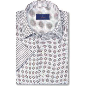 David Donahue Micro Print Lyocell Short Sleeve Shirt in White/Chocolate at Nordstrom Rack, Size Xx-Large