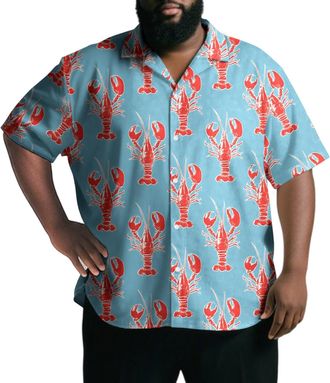 Generic Summer Button up Shirts for Men - Oversized Crayfish Print Button Vacation Shirt | Short Sleeve Summer Blue Bottom Shrimp 4XL