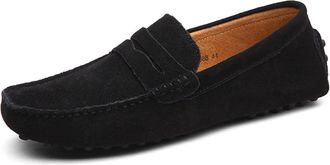 Generic Mens Loafers Genuine Leather Suede Vamp Penny Loafer Stitching Details Round Toe Lightweight Flexible Flat Heel Comfortable Prom Slip-on(Black,10.5 UK
