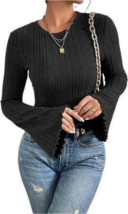 Generic Womens Flared Bell Sleeve Y2k Going Out Tops Ribbed Knit Long Sleeve Jumper Crew Neck Blouse Slim Fit Casual Loungewear Shirt Everyday Soft Stretch Kn