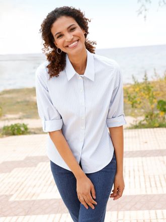 Casual Looks Hemdbluse CASUAL LOOKS, Damen, Gr. 44, blau (bleu, ecru, gestreift), 50% Baumwolle, 50% Polyester, gemustert, gestreift, mehrfarbig, Blusen Hemdbluse