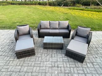 Fimous Wicker PE Rattan Garden Furniture Set 7 Seater Outdoor Lounge Sofa Set with Coffee Table 2 Big Footstool Dark Grey Mixed