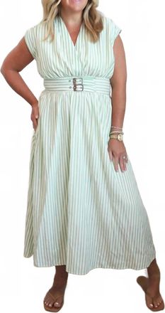 ZOE AND CLAIRE Stripe Belted Midi Dress In Green