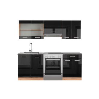 Vicco Mueble De Cocina R-line, Roble Negro/dorado De Alto Brillo, 200 Cm, Et Antracita
