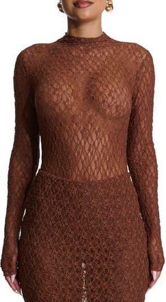 Naked Wardrobe Mock Neck Long Sleeve Lace Bodysuit in Brown Sugar at Nordstrom Rack, Size X-Small