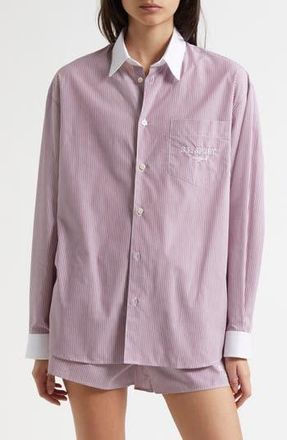 Sporty & Rich Sport Stripe Oversize Cotton Button-Up Shirt in White/Red Stripe at Nordstrom Rack, Size X-Small