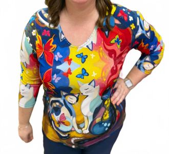 Valentina Cats V-Neck Top In Multi
