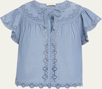 Ulla Johnson Effie Embroidered Flutter-Sleeve Top