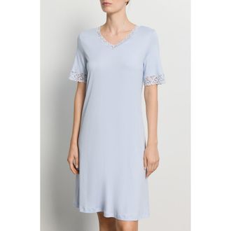 Hanro Moments Short Sleeve V-Neck Cotton Nightgown in Blue Dove at Nordstrom, Size X-Small