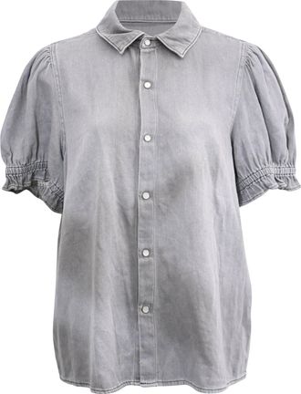 BA&SH Ba & Sh Button-Down Puffed-Sleeve Blouse in Grey Cotton