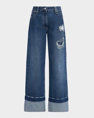 Simone Rocha Embellished Distressed Wide-Leg Jeans