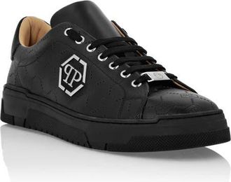 Philipp Plein Low Top Leather Skeakers Matte Monogram Unisex in Black/black at Nordstrom, Size 37