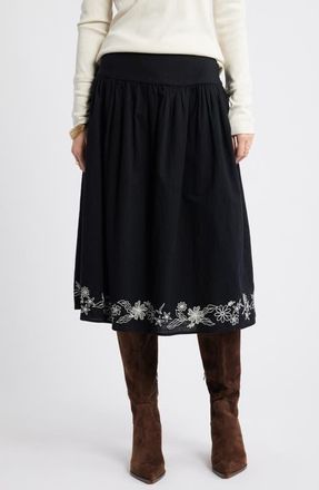 Treasure & Bond Embroidered Hem Cotton Midi Skirt in Black at Nordstrom, Size Xx-Large