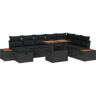 vidaXL Conjunto De Sof&aacute; De Jard&iacute;n 9 Pcs Negro Rat&aacute;n Sint&eacute;tico