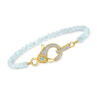 Ross-Simons Aquamarine Bead and. Diamond Lobster Clasp Bracelet With Single Swiss Blue Topaz in 18kt Gold Over Sterling