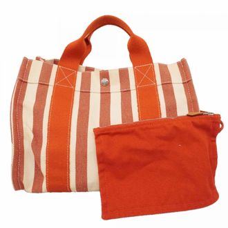 Herm&egrave;s Red Color White Canvas Tote Bag (Pre-Owned)
