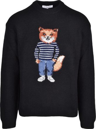 Maison Kitsun&eacute; Black Fox Motif Wool-Blend Crewneck Sweater
