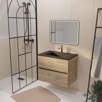 Aurlane Aurlane - Mueble De Ba&ntilde;o 70 Decorado Roble 2 Cajones Lavabo Negro Y Espejo Led 70x50