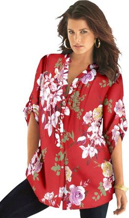Roaman's Pintuck Tunic Blouse Y Neck & Roll Tab Sleeves in Antique Strawberry Romantic at Nordstrom, Size 34