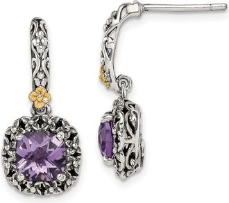 Diamond2Deal Sterling Silver 14K Accent Antiqued Cushion Amethyst Dangle Earrings