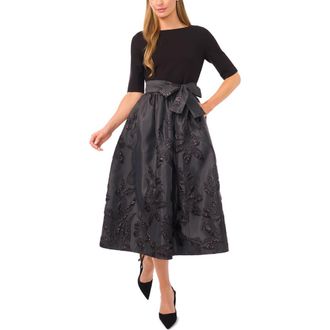 Ted Baker Jesse Metallic Floral Mixed Media Midi Dress in Rich Black at Nordstrom, Size 14