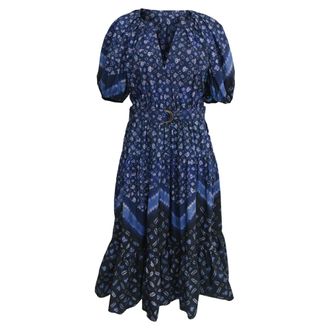 Ulla Johnson Josefina Belted Midi Dress in Navy Blue Cotton