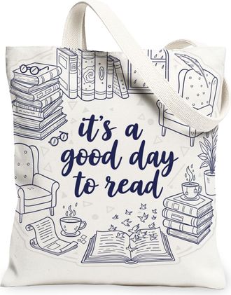 Generic Literary Inspired Canvas Tote Bags, Book Lover Design Reusable Grocery Bags, Cozy Vintage Lightweight Washable Shoulder Str, Cream, 13x15 Inch