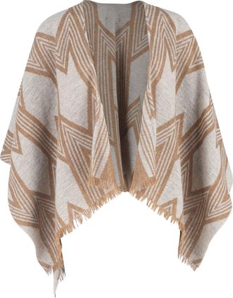 Maje Chevron-Print Fringed Poncho Cape in Beige Wool