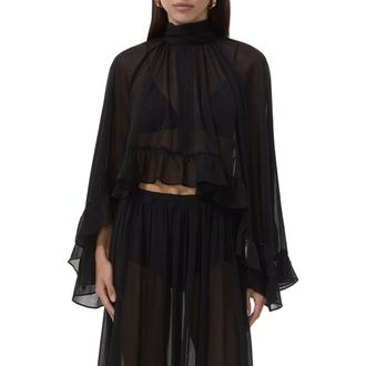 AFRM Hadlie Sheer Rhinestone Chiffon Top in Noir at Nordstrom Rack, Size Medium