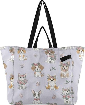 Generic Dogs Flower Purple pattern Reusable Canvas Tote Bag, Heavy Duty Grocery Shopping Bag with Large Capacity Hard Bottom Double Handles Work Groceries Tra