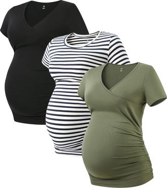 Lapasa Womens Maternity Tops, Soft Modal Cotton Pregnancy Tshirts, Side Ruched Crew Neck Short Sleeve Tees L55, Multicolor 7, XXL