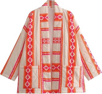 Generic Womens Jackets Patchwork Quilted Jackets Padded Quilted Coat Lightweigt Padded Jacket Vintage Kimono Outerwear Floral Print Cardigan Long Sleeve Coat 