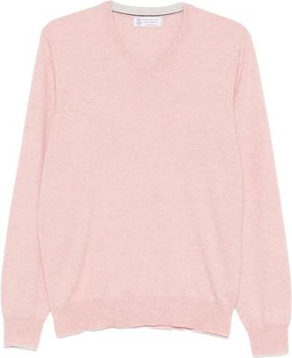 Brunello Cucinelli Salmon Pink Cashmere V-Neck Sweater, Brand Size 52 (US Size 42)
