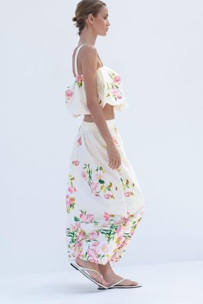 H&M Cotton A-line Skirt in Cream/floral at Nordstrom, Size Medium