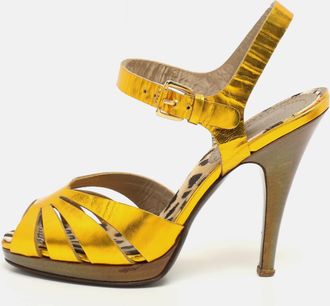 Roberto Cavalli Gold Leather Open Toe Ankle Strap Sandals Size 35.5