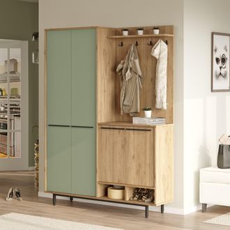 Dmora Mueble De Entrada Tignale, Perchero, 12 Estantes, Puerta Abatible, 147x36x196h Cm Verde Salvia