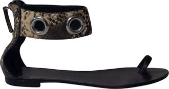 Giuseppe Zanotti Snakeskin Print Ankle Strap Flat Sandals in Black Leather